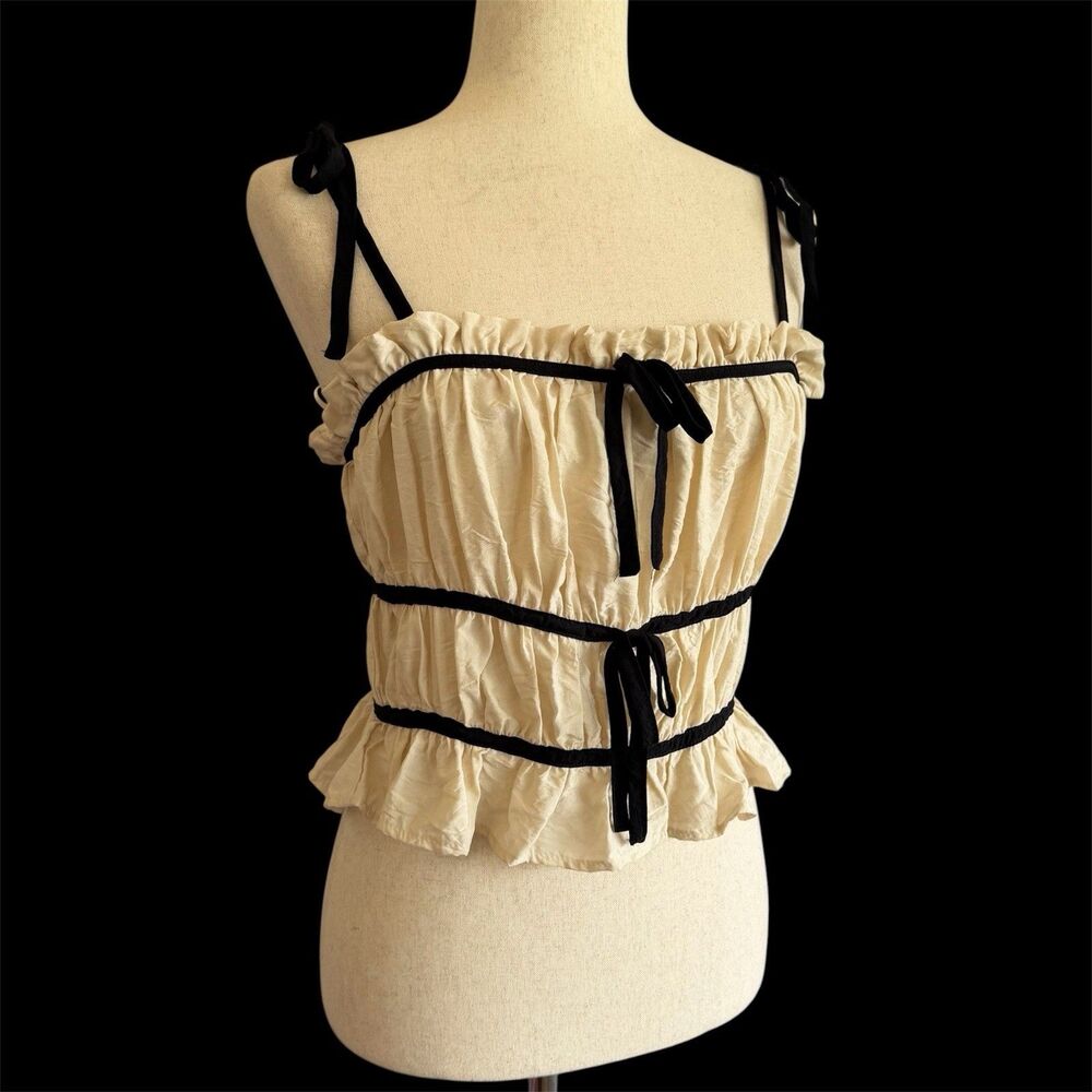 Coquette Ruffle Bow Straps Top Size L Milkmaid Cottagecore Romantic Crop Smocked
